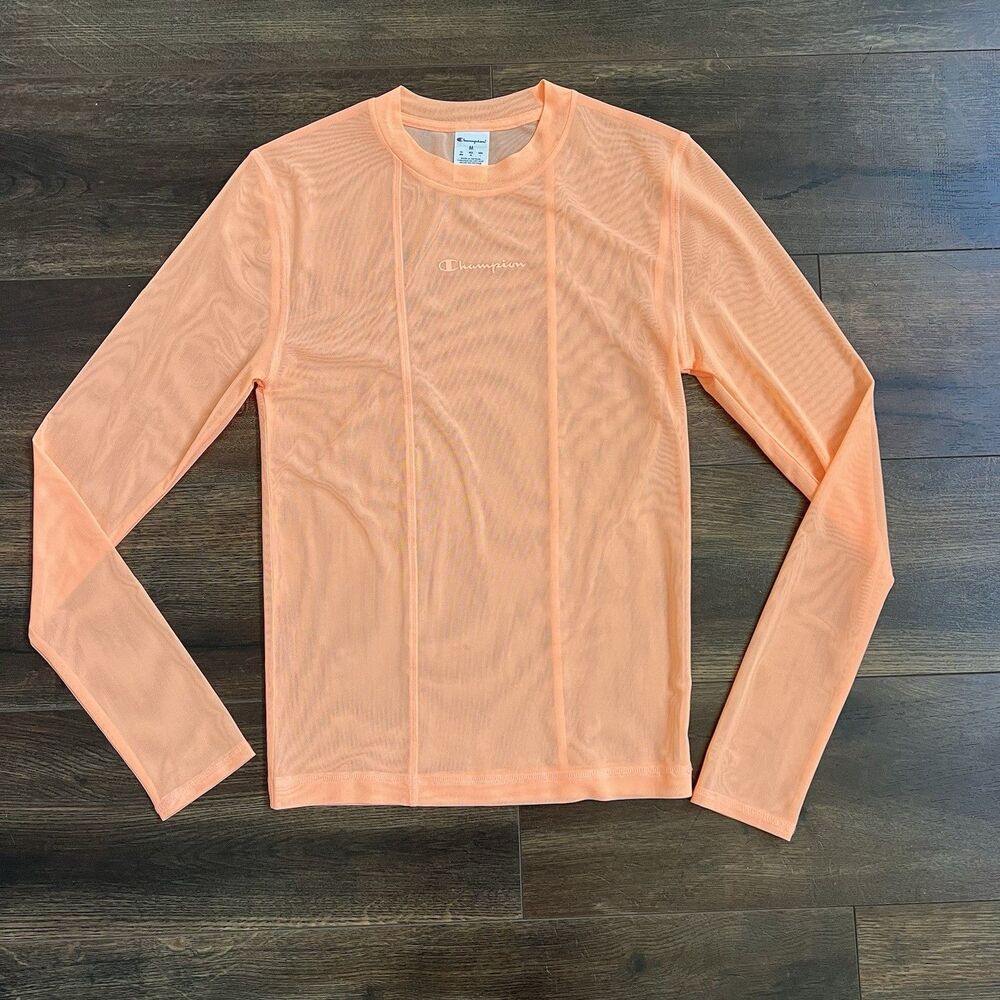 Champion Long Sleeve  Mesh Sheer Top Size Medium Neon Mango Color